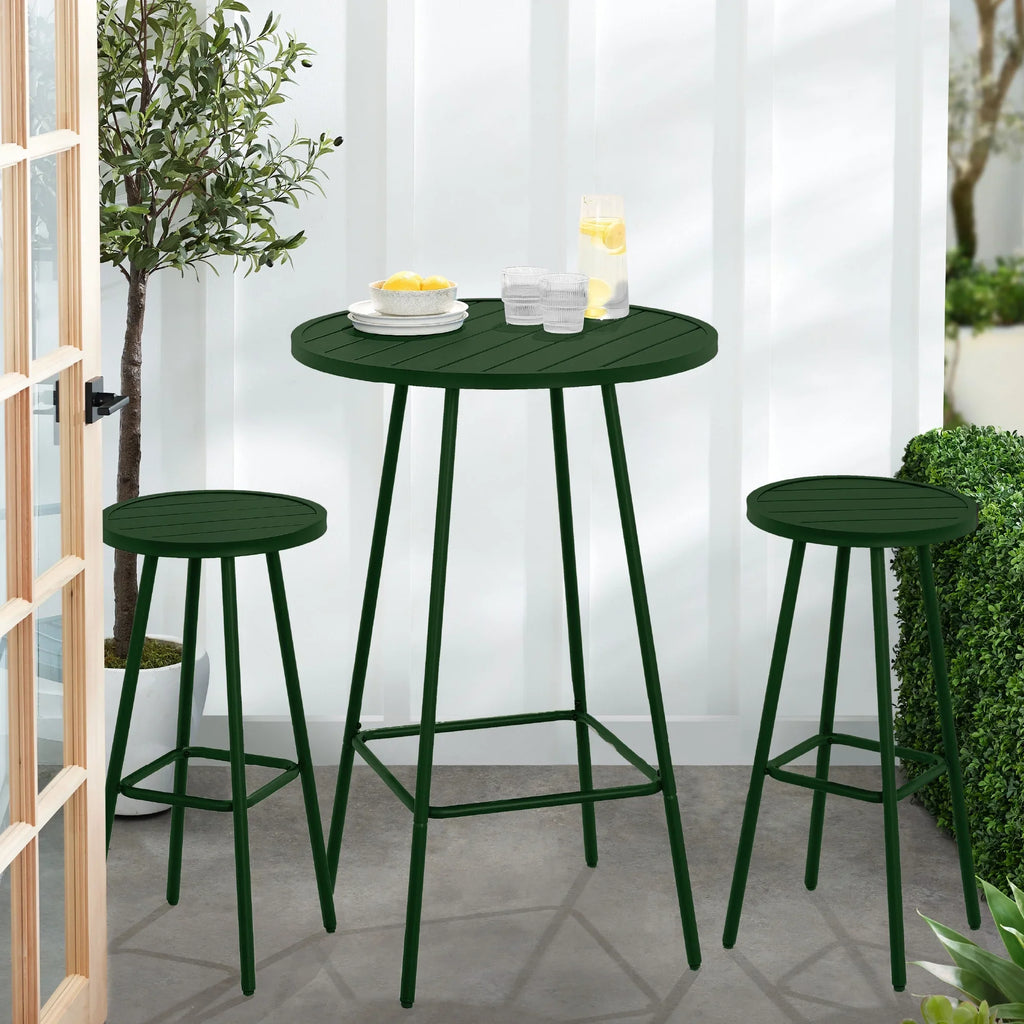 Best Choice Products 3-Piece Steel Patio Bar Height Round Bistro Set w/ Backless Stools, Slatted Design - Black
