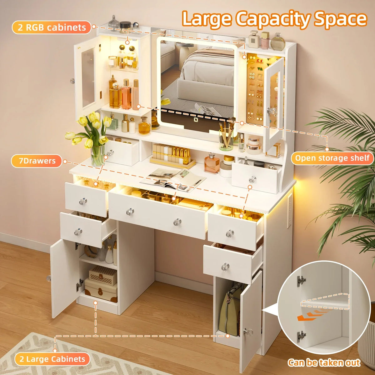 Tomnk woo White Makeup Vanity Desk with Large Mirror, Adjustable Lights, Storage Drawers & Power Outlets