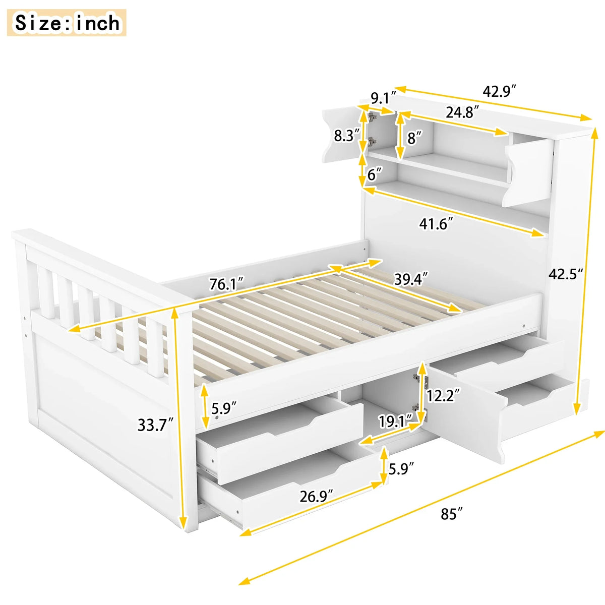 Euroco Wood Twin Size Platform Bed with Storage Headboard, Captain Bed with 4 Drawers, Bookcase and Cabinets, Gray