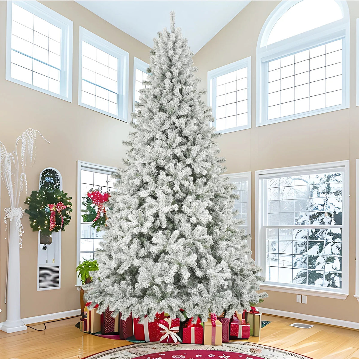 Qunler 9ft Snow Flocked Christmas Tree with 2028 Tips, Artificial Snowy Xmas Pine Tree with Reinforced Metal Base for Home Office Party Holiday Decorations,White(NO Light)