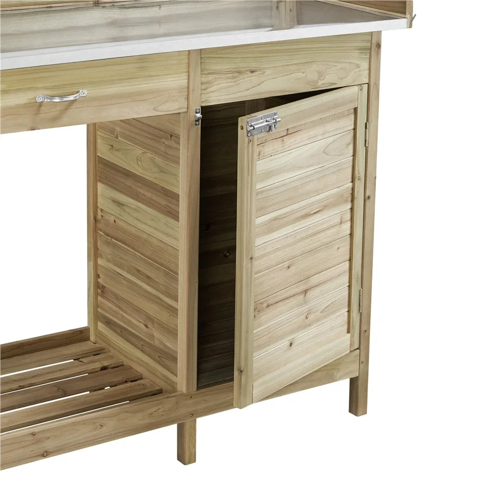 Renwick Outdoor Garden Potting Bench W/Cabinet Drawer Open Shelf, Gray