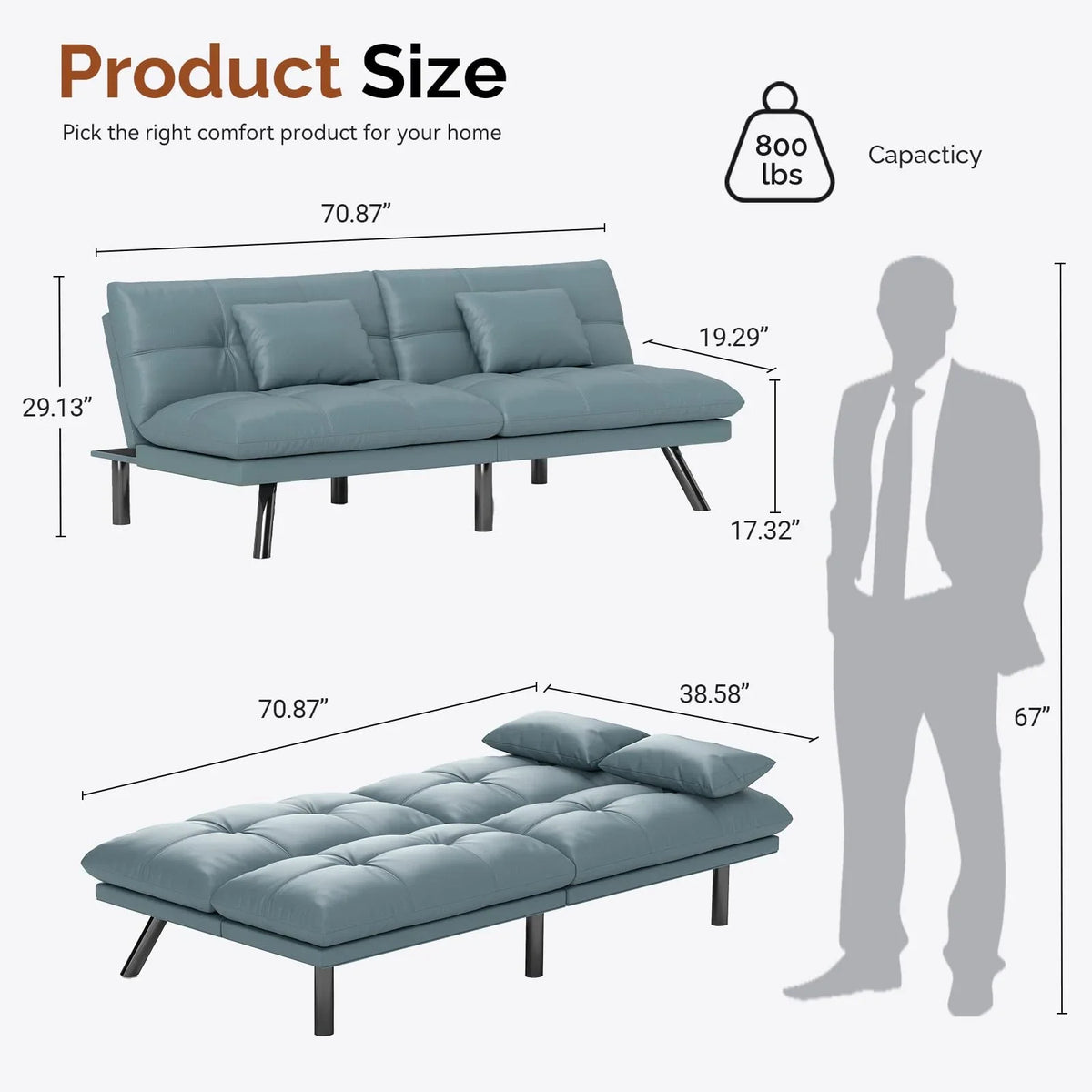 70"" Convertible Futon Sofa Bed Folding Bed Sleeper Couch for Living Room, Small Space or Office, Light Grey
