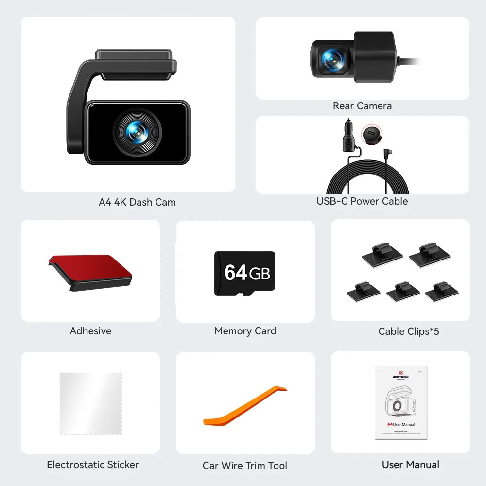 REDTIGER A4 Dash Cam Front and Rear, 4K Car Dash Camera with GPS& 5G Wifi, Touch Screen, 64GB Card, Voice Control Dashcam, Super Night Vision, Front and Rear Dash Cam with G-Sensor