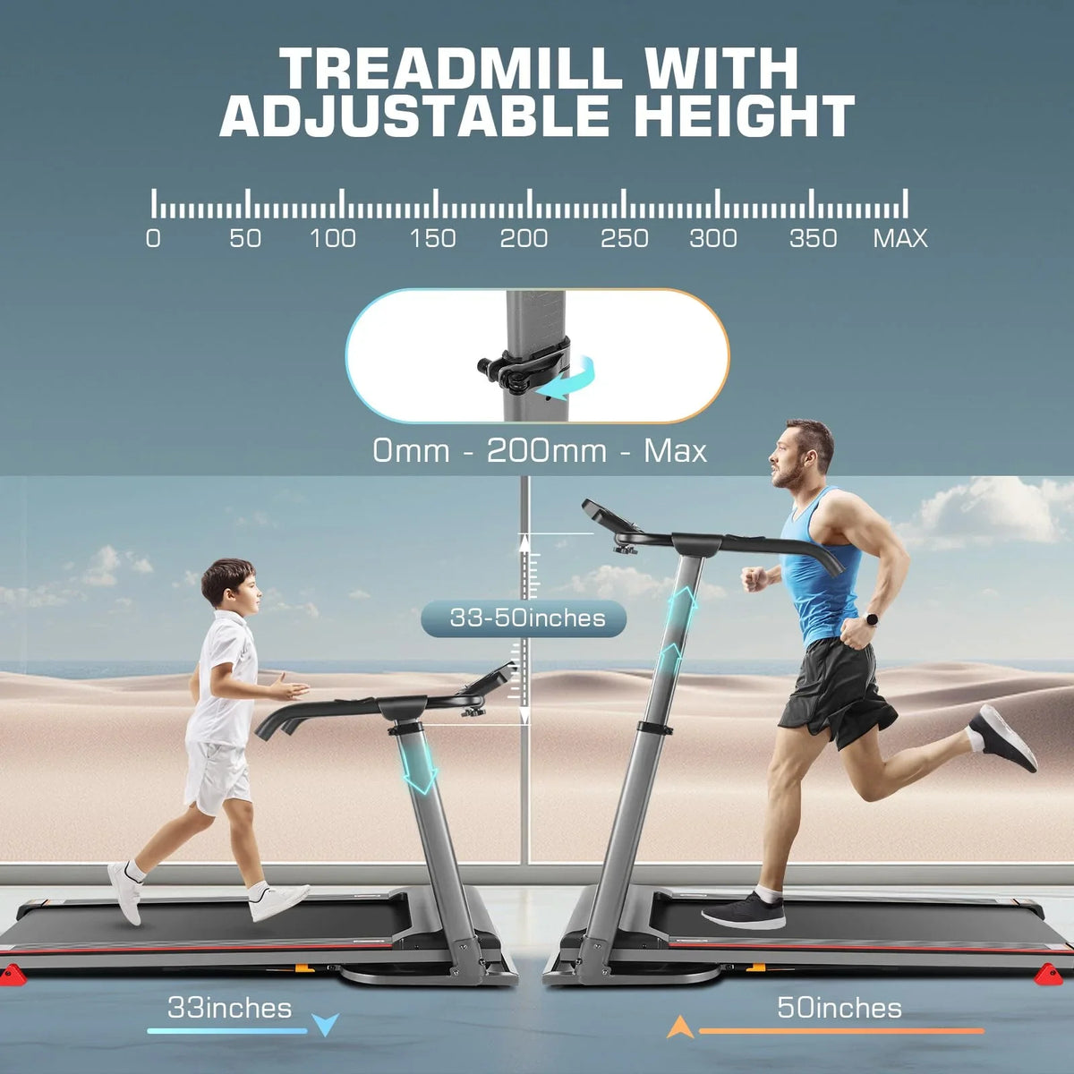 Folding Treadmill with Removable Desk, Foldable Treadmill with Adjustable Height, Treadmill 300lb Weight Capacity, White
