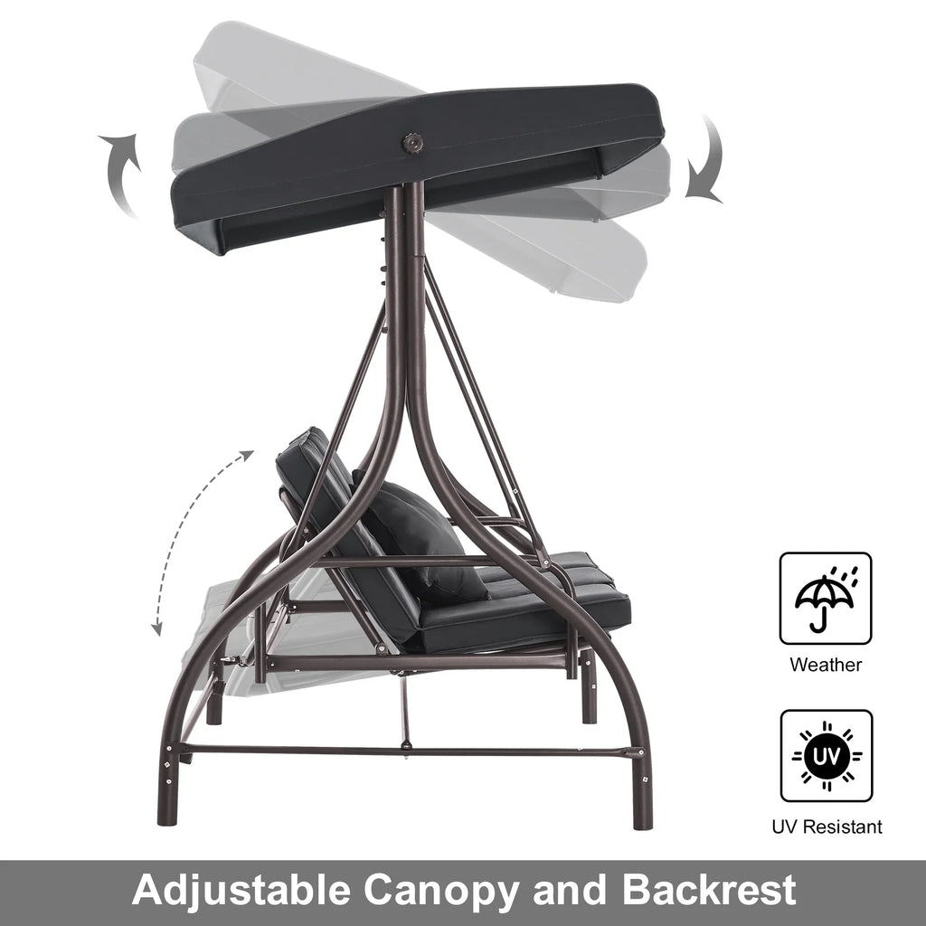 MCombo 3-Seat Outdoor Patio Swing Chair Cushioned with Adjustable Backrest and Canopy, Pillow, Brown