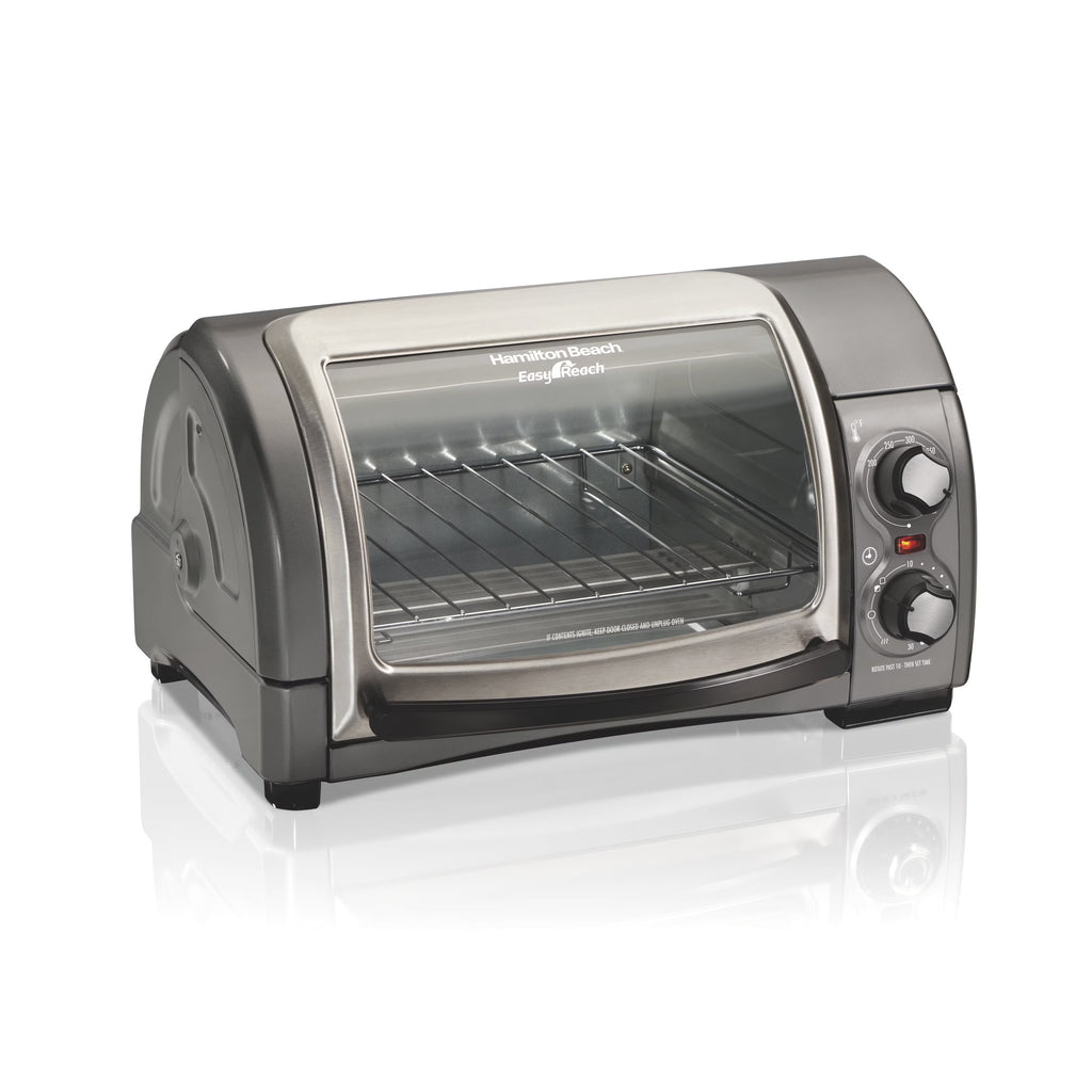 Hamilton Beach 4 Slice Countertop Toaster Oven with Easy Reach Roll-Top Door, Bake, Broil & Toast Functions, Silver