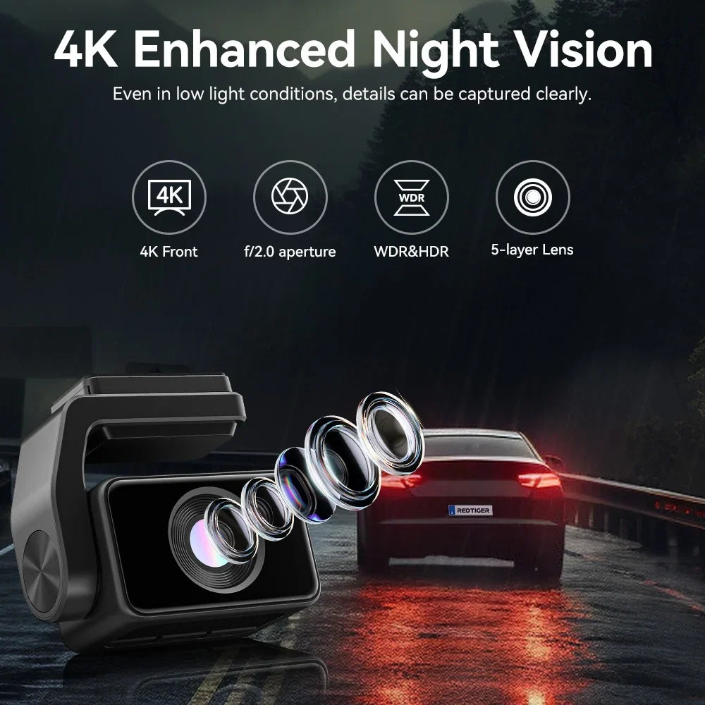 REDTIGER A4 Dash Cam Front and Rear, 4K Car Dash Camera with GPS& 5G Wifi, Touch Screen, 64GB Card, Voice Control Dashcam, Super Night Vision, Front and Rear Dash Cam with G-Sensor