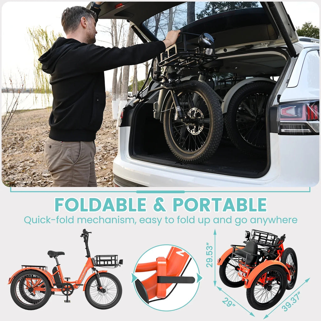 MOONCOOL TK1 Folding Electric Tricycle for Adults,48V 14.5Ah Removable battery, 500W"Peak 1000w"Motor, 20" Fat Tire Step-Thru 3Wheel Electric Bicycle w/Front&Rear Baskets, Certified to UL 2849 by SGS