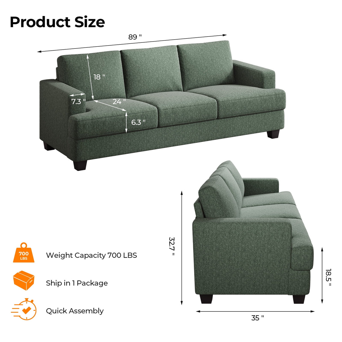BLAZANT 3 Seater Sofa Oversize, 89" Extra Large Size Sofa Couch with Extra Deep Seats, Modern Loveseat Sofa, Comfortable Fabric, Easy to Install, for Living Room Apartment Lounge, Brown