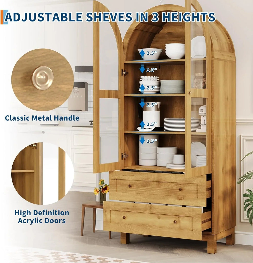 Garvee 71" Tall Arched Storage Cabinet with Acrylic Doors, Modern Wooden Pantry Cabinet with 2 Drawers & Adjustable Shelves, Versatile Kitchen Cupboard, Living Room Storage