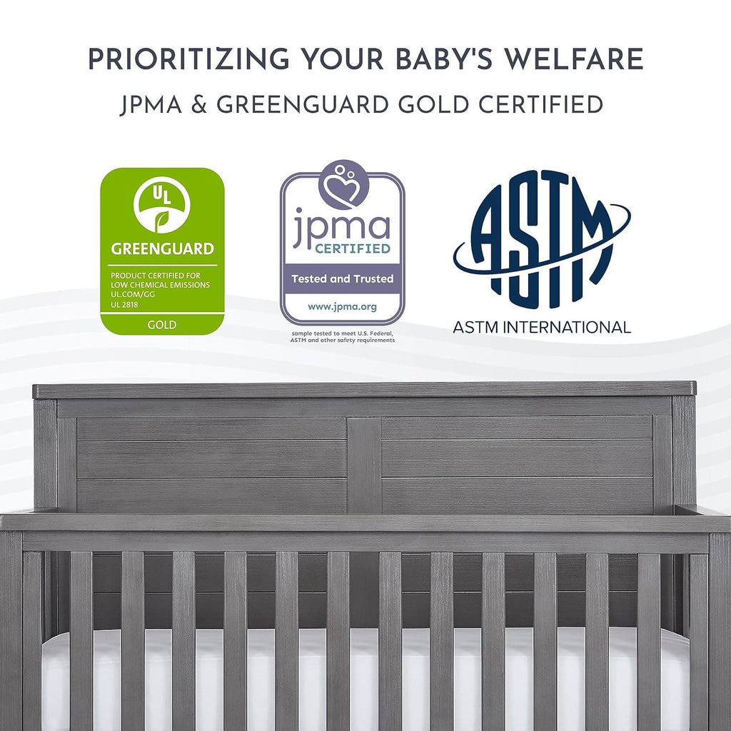 Evolur Belmar Flat 5-in-1 Convertible Crib. Rustic Grey