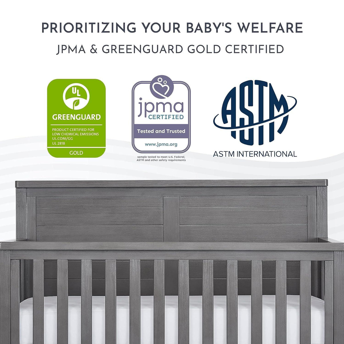 Evolur Belmar Flat 5-in-1 Convertible Crib. Rustic Grey