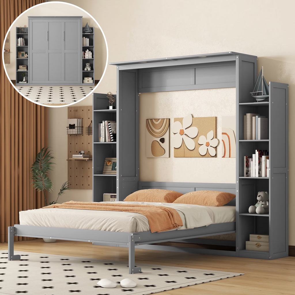 Harper & Bright Designs Full Size Murphy Bed with Shelves, Foldable Wall Bedframe w/Flexible Slats Support, Space-Saving Design, Can Be Folded Into Cabinet, White