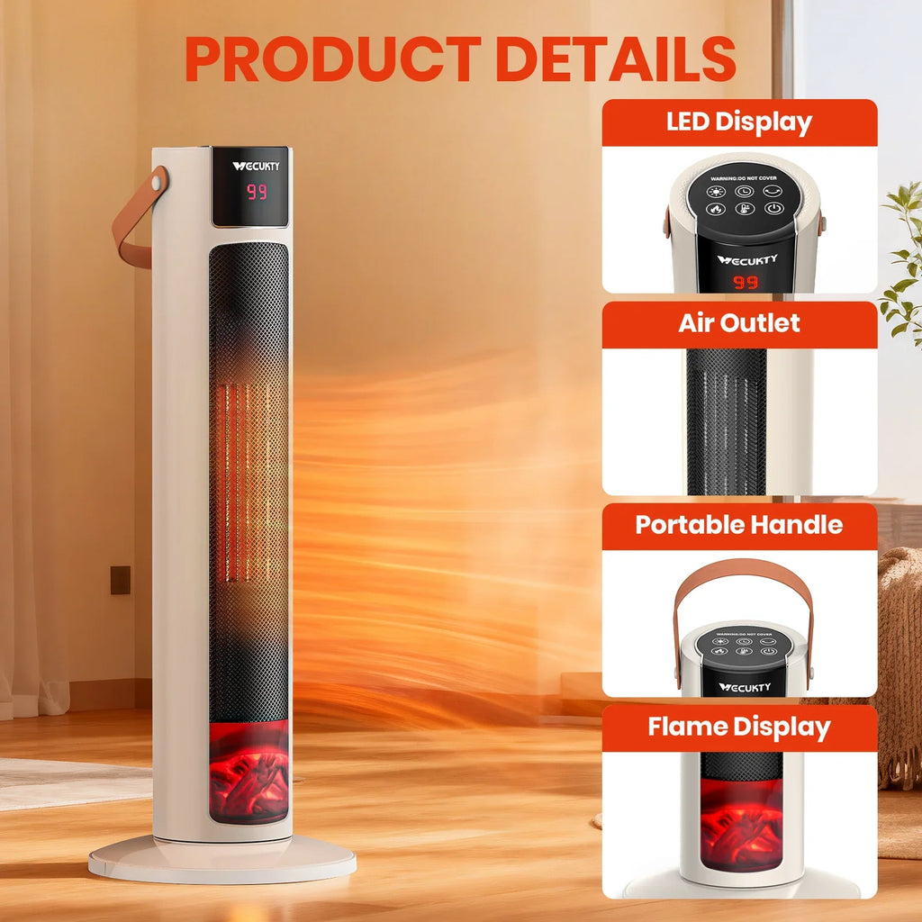 VECUKTY 26" Tower Space Heater with 3D Flame, 1500W Portable Electric Tower Electric Heater, 60 °Oscillation, 9H Timer,Remote Control for Indoor Bedroom Office Home