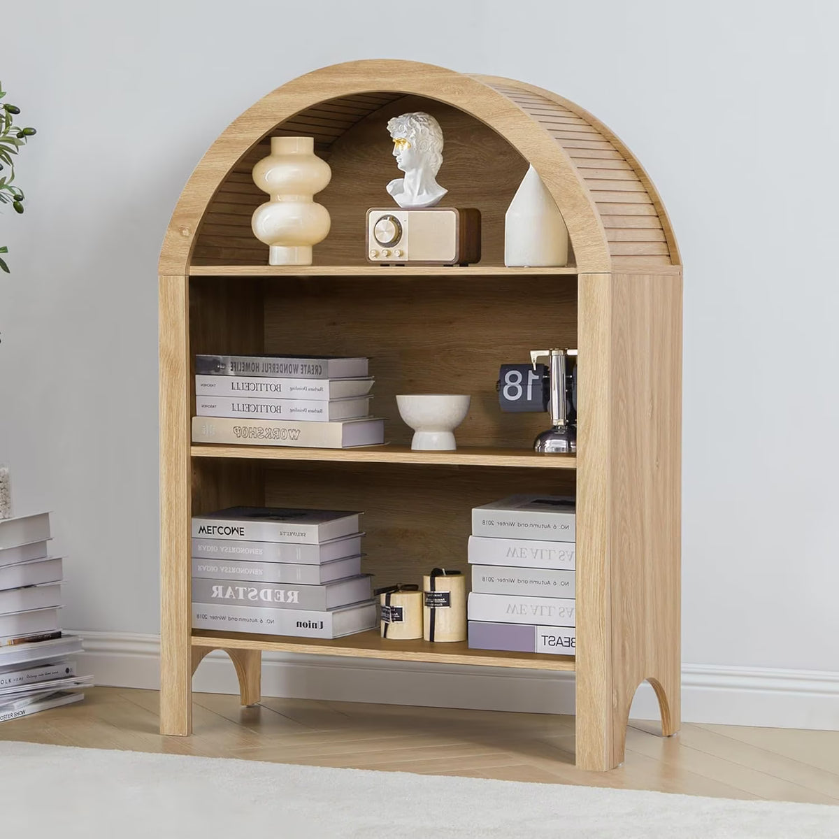 LEFHDA Small Kids Arched Bookshelf, Modern 3-Tier Open Bookshelf, Wood Freestanding Arched Bookcase with Adjustable Shelves, Covered Rounded Top Display Cabinet (Walnut)