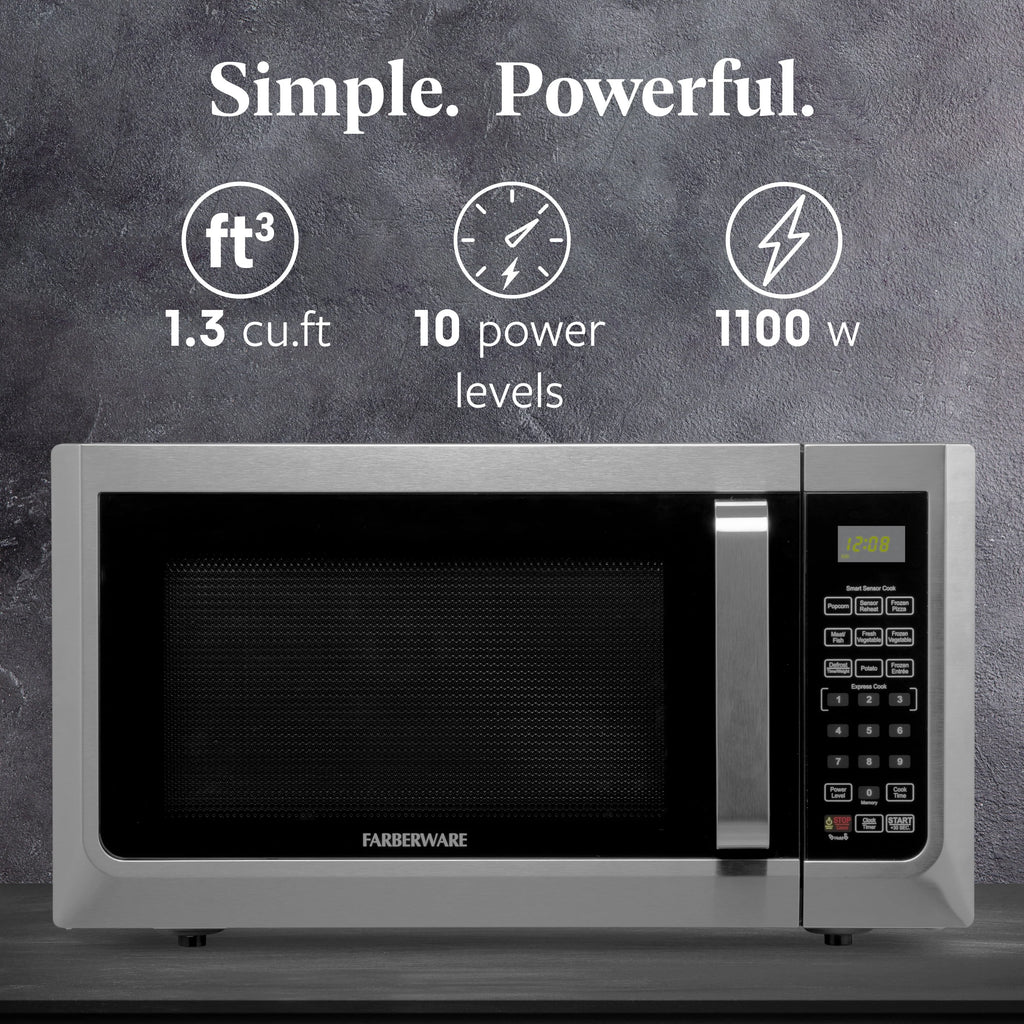 Farberware Countertop Microwave Ov 1100 Watts, 2.2 cu ft - Smart Sensor With LED Lighting and Child Lock - Perfect for Apartments and Dorms - Easy Clean Black Interior, Stainless Steel