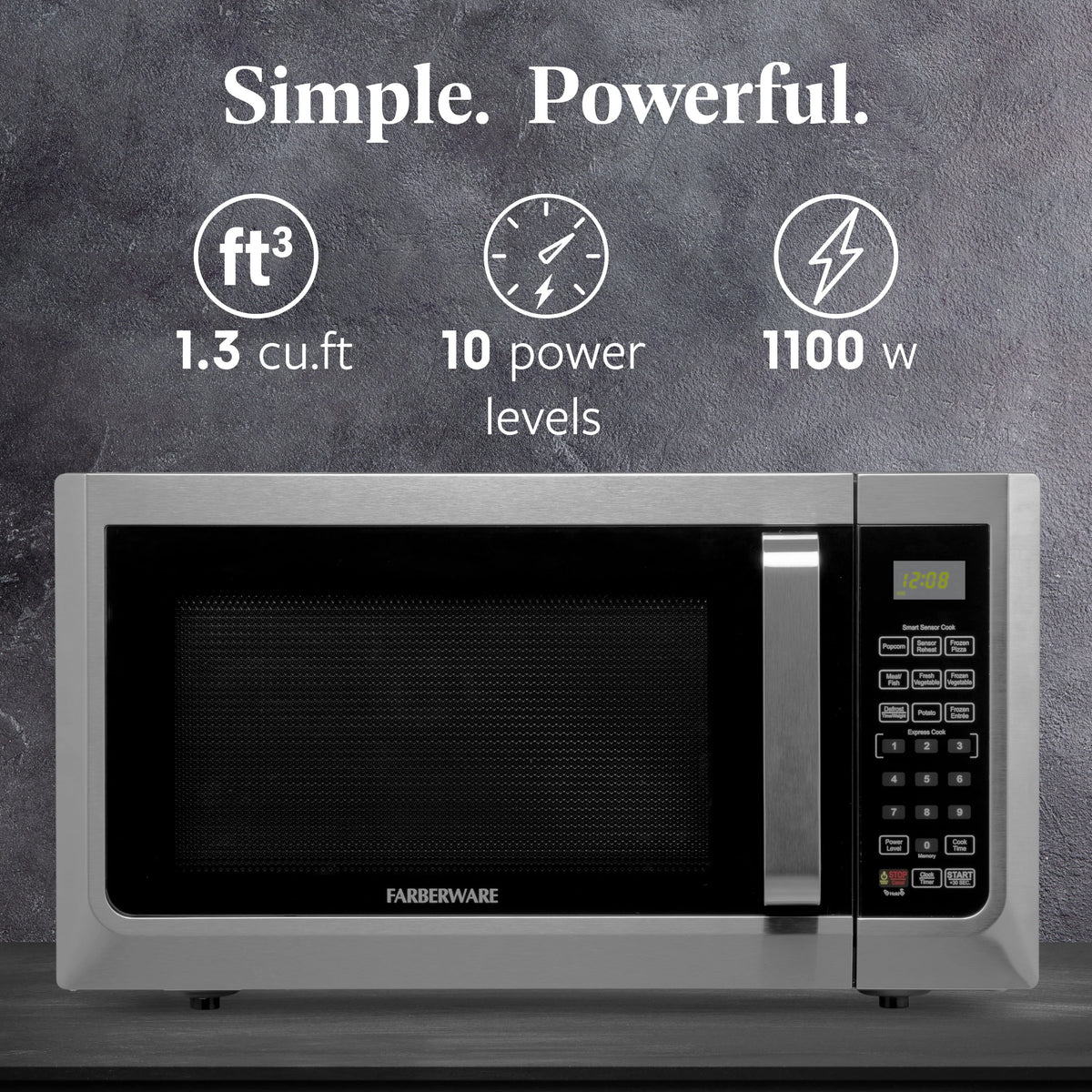 Farberware Countertop Microwave Ov 1100 Watts, 2.2 cu ft - Smart Sensor With LED Lighting and Child Lock - Perfect for Apartments and Dorms - Easy Clean Black Interior, Stainless Steel