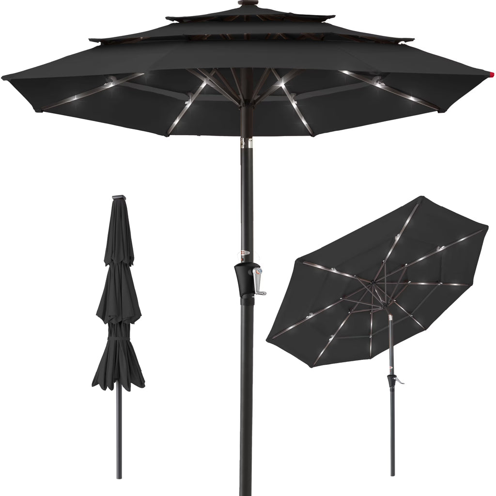 Best Choice Products 10ft 3-Tier Solar Patio Umbrella w/ 24 LED Lights, Tilt Adjustment, Easy Crank - Tan