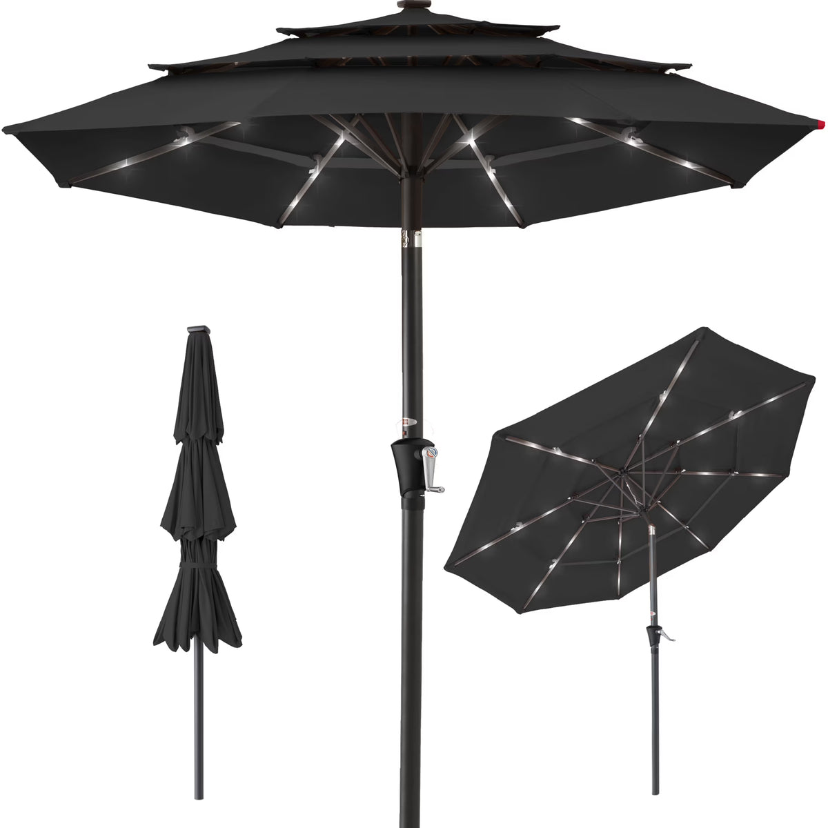 Best Choice Products 10ft 3-Tier Solar Patio Umbrella w/ 24 LED Lights, Tilt Adjustment, Easy Crank - Tan