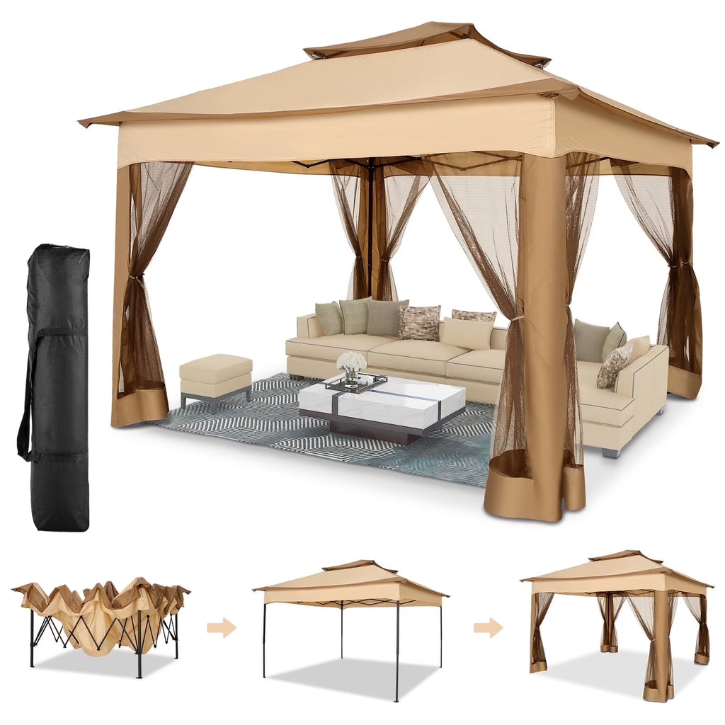 HOTEEL 12x12 Outdoor Pop-up Gazebo Canopy with Mosquito Netting 2-Tiered Vented Top 3 Adjustable Height for Backyard, Garden, Lawn,Light Grey