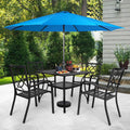 SUNCROWN 5-Piece Outdoor Wrought Iron Chairs and Table Patio Dining Furniture Set - 4 Stackable Metal Chairs, 1 Steel Slat Bistro Table and 1 Sky Blue 9Ft Patio Umbrella for Garden Backyard Deck