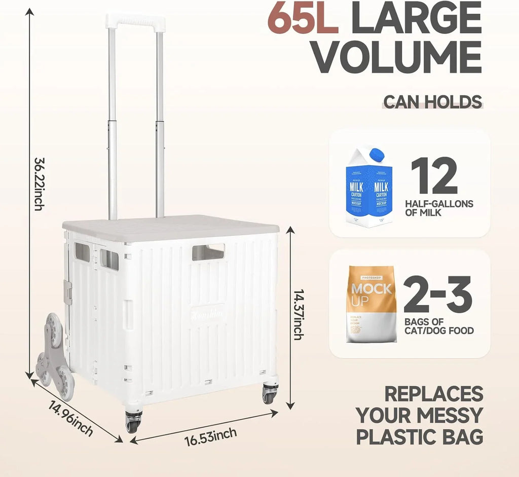 Collapsible Rolling Crate for Stair Climbing: Rolling Cart for Shopping Teacher Laundry (Milky White)
