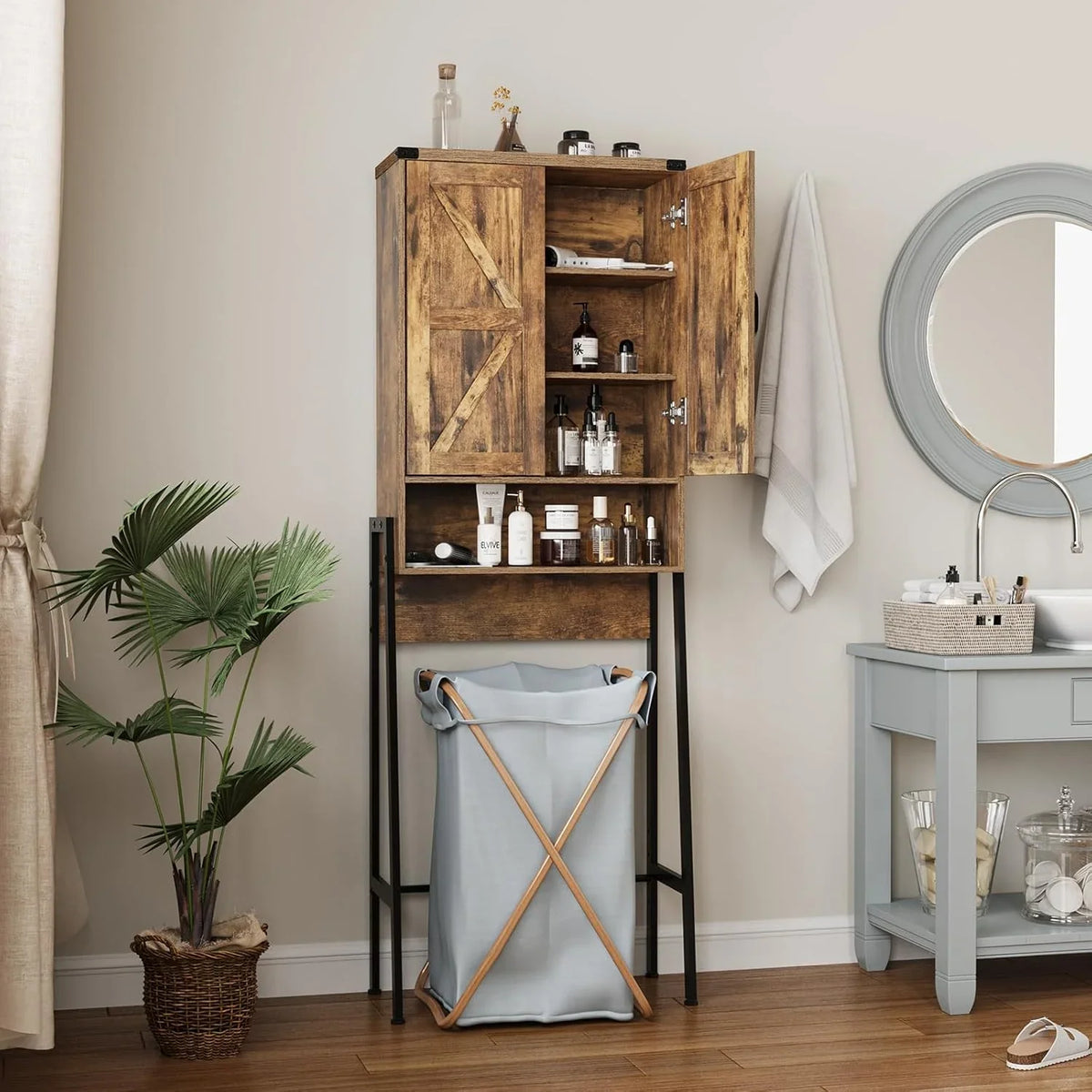 Vabches Over The Toilet Storage Cabinet, 68" H Farmhouse Freestanding Bathroom Storage Organizer with Double Doors & Storage Shelves