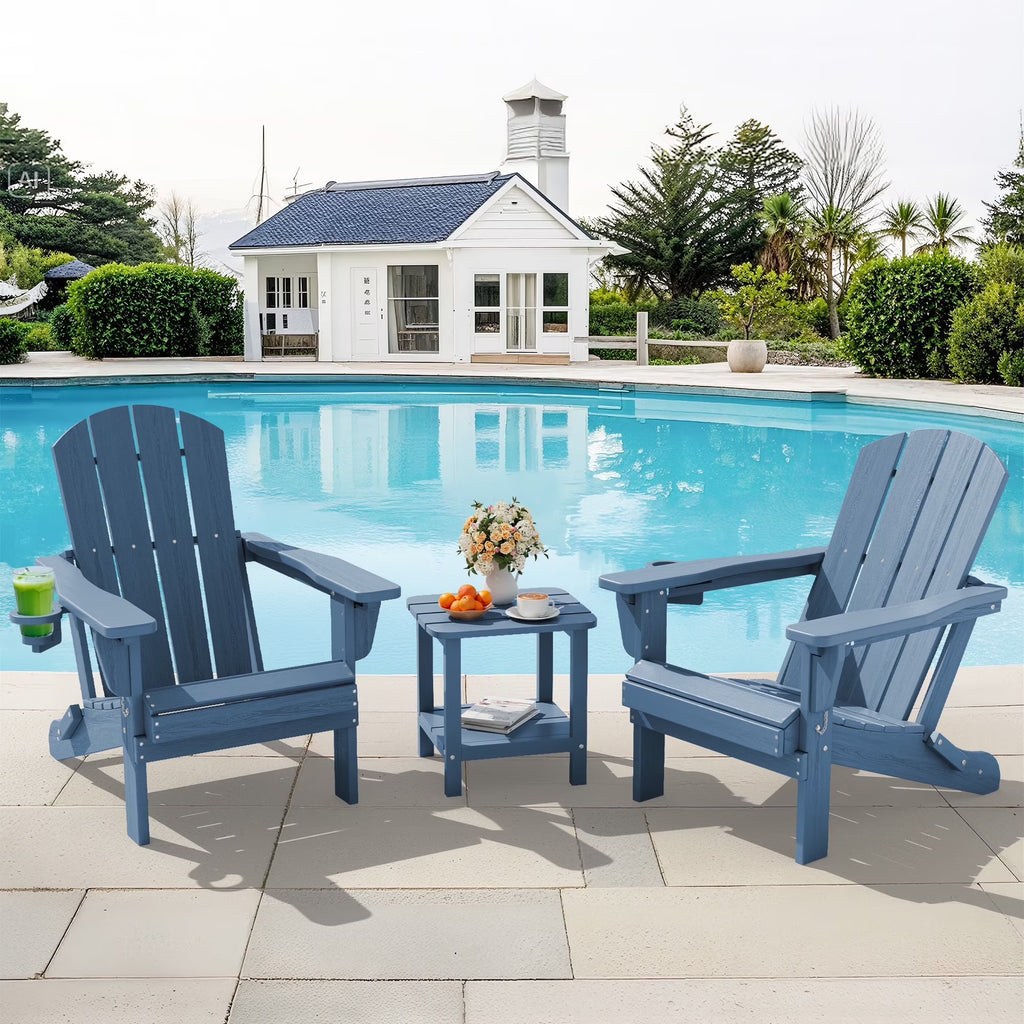 SERWALL Outdoor Adjustable Folding HDPE Adirondack Chairs Set of 2 with Cup Holder, Gray