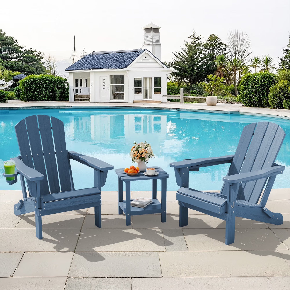 SERWALL Outdoor Adjustable Folding HDPE Adirondack Chairs Set of 2 with Cup Holder, Gray