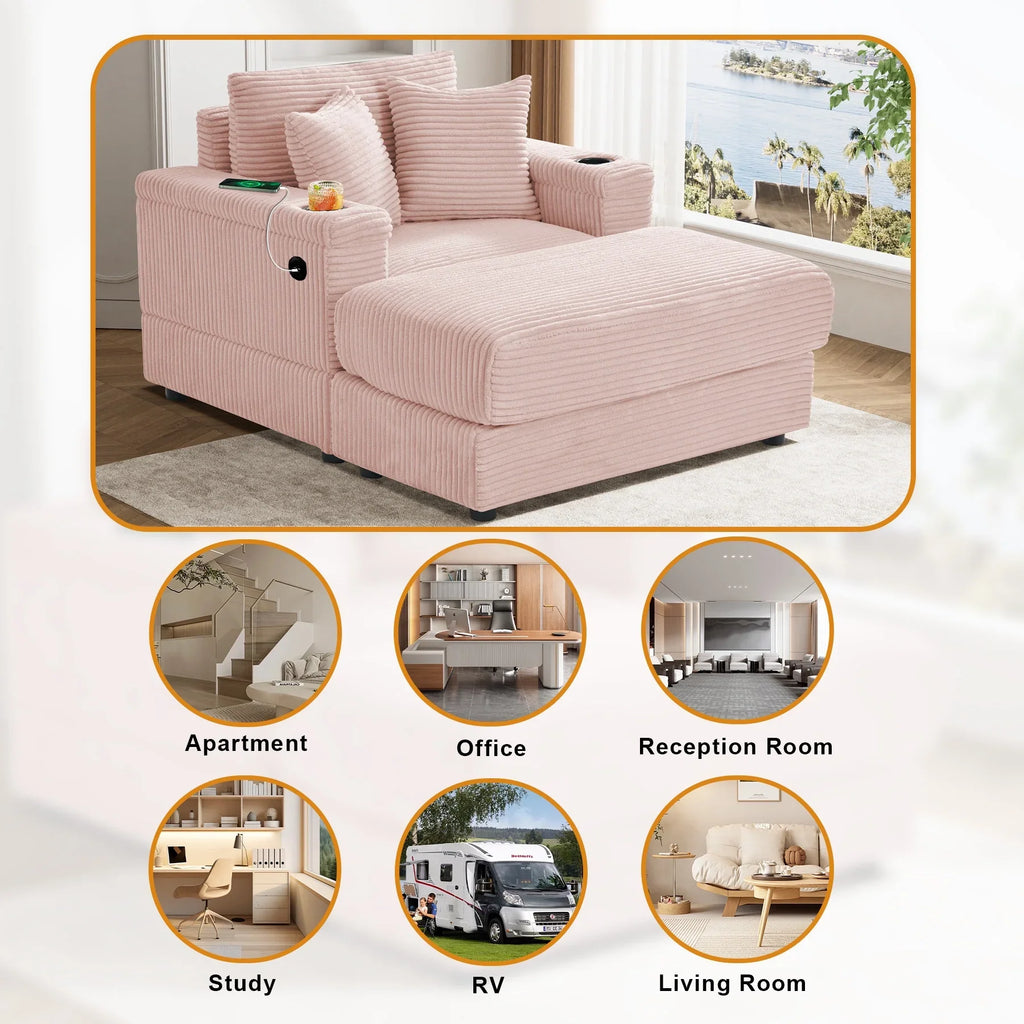 Wiilayok Oversized Lounge Chair Indoor,54" Corduroy Cloud Chaise Lounge Couch Indoor with Ottoman,Cup Holder for Living Room,Bedroom,Beige