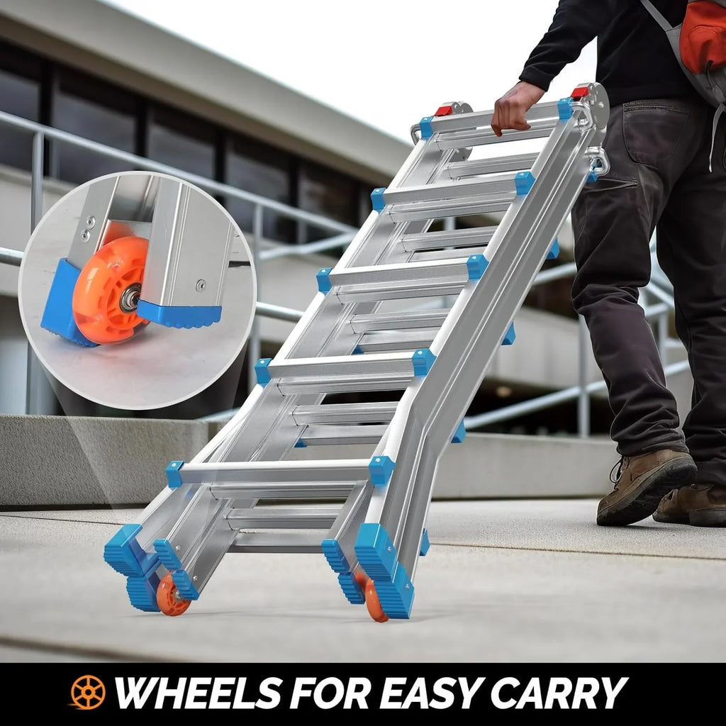LUISLADDERS Ladder, A Frame 6 Step Ladder Telescoping Ladder, 22 Ft Reach Height Muti Position Folding Ladder Flared Leg & Wheels Design, 330 lbs Capacity Extension Ladder for Household Outdoor Work