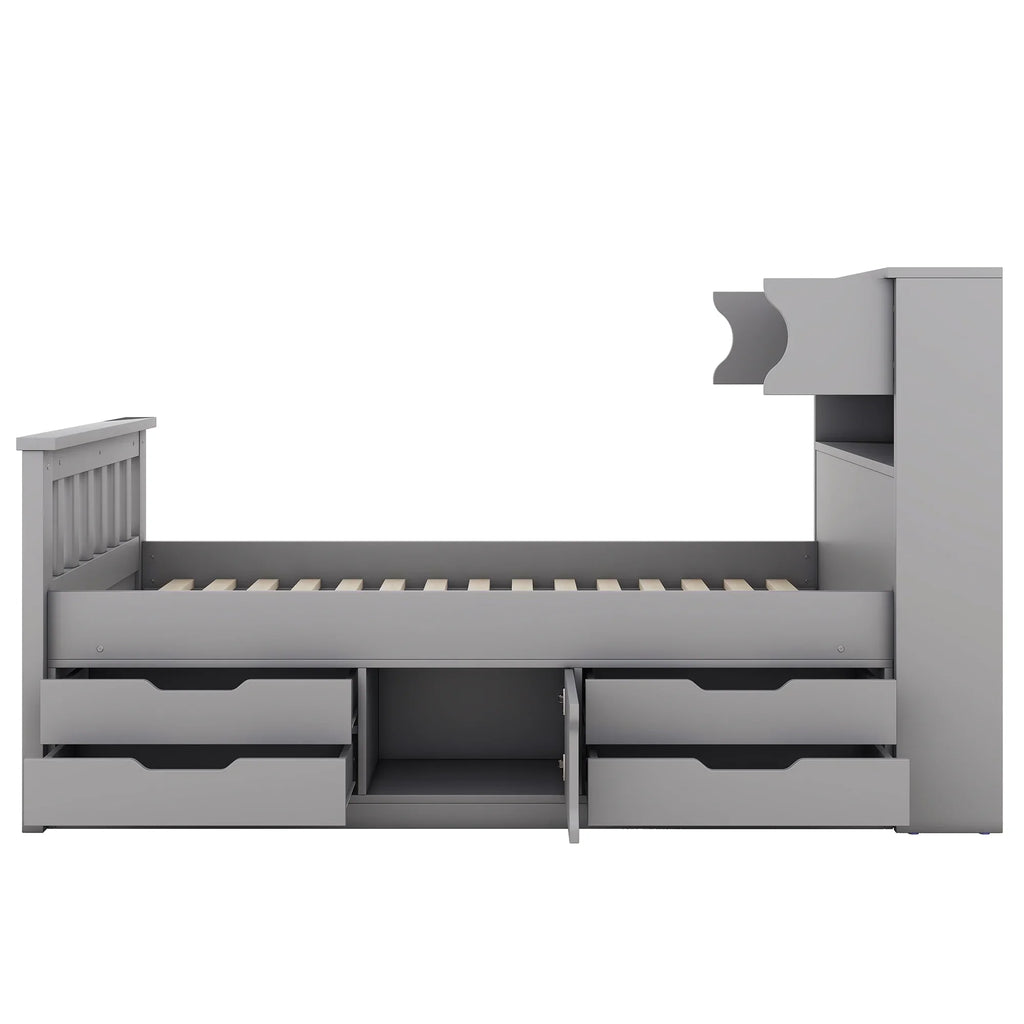 Euroco Wood Twin Size Platform Bed with Storage Headboard, Captain Bed with 4 Drawers, Bookcase and Cabinets, Gray