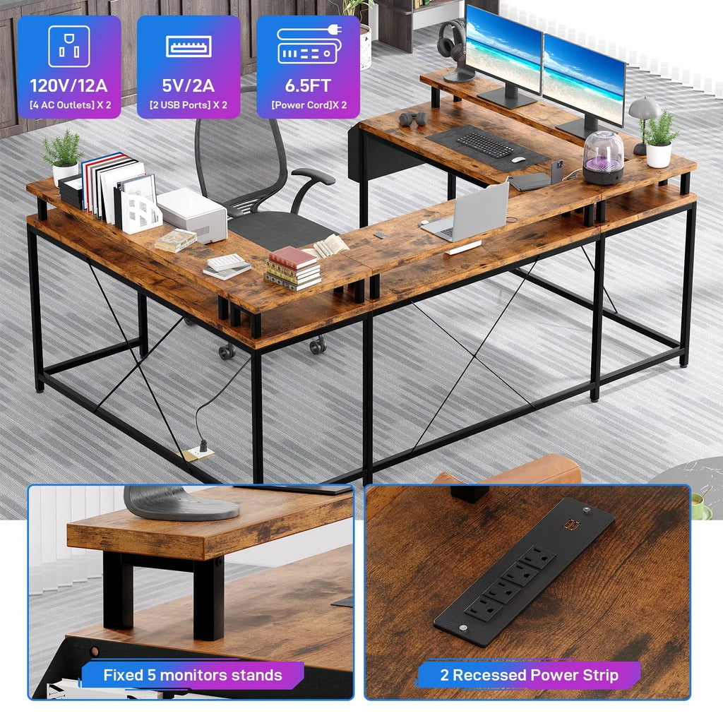Yesfashion U Shaped Computer Gaming Desk, Reversible L Shaped Desk with Power Outlets, LED Strip & Monitor Stand, Large Corner Desk with Storage Shelves