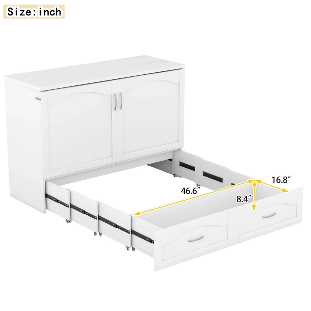 Harper & Bright Designs Full Size Murphy Bed with Shelves, Foldable Wall Bedframe w/Flexible Slats Support, Space-Saving Design, Can Be Folded Into Cabinet, White