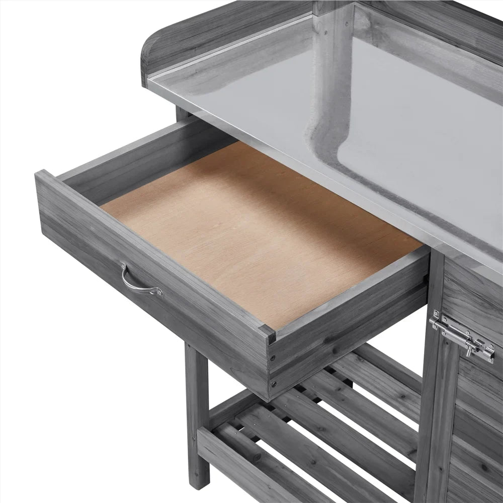 Renwick Outdoor Garden Potting Bench W/Cabinet Drawer Open Shelf, Gray
