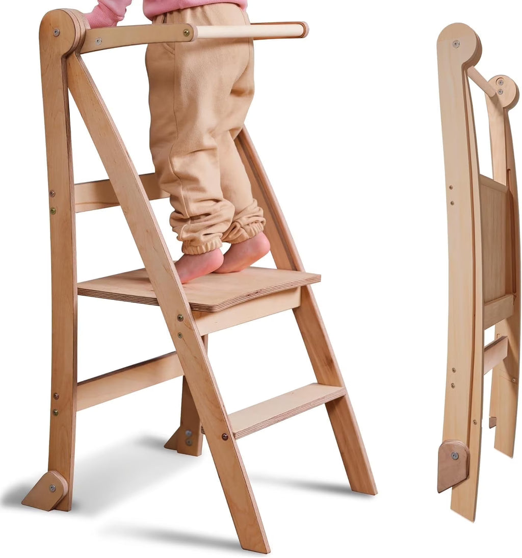Folding Wooden Kitchen Standing Stool for Toddlers �C Safe & Compact Learning Step Stool, Ages 18 Months+
