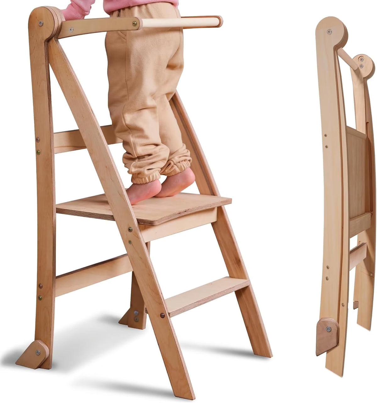 Folding Wooden Kitchen Standing Stool for Toddlers �C Safe & Compact Learning Step Stool, Ages 18 Months+