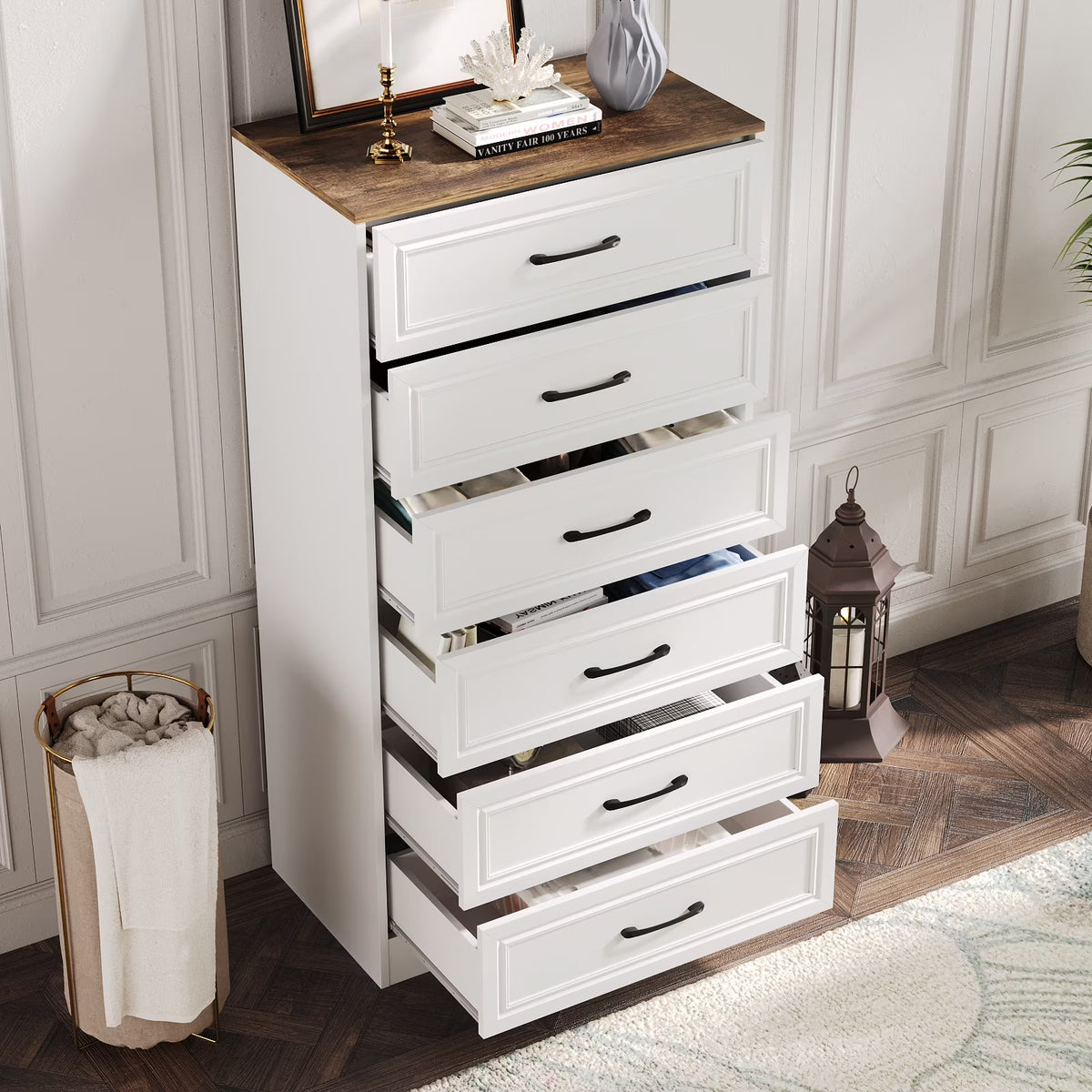 Vabches Farmhouse 5 Drawer Dresser with Metal Handle, Tall Wood Chest of Drawers for Living Room Bedroom,Dark Brown
