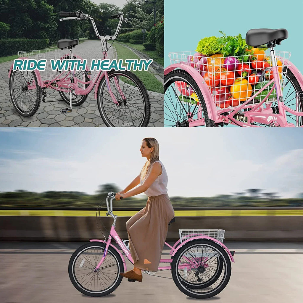 MOONCOOL Adult Tricycles with Rear Basket & Inflator, 24 26 inch 7 Speed 3 Wheel Bikes, Three-Wheeled Bicycles Adult Trike with Backrest for Seniors, Women, Men