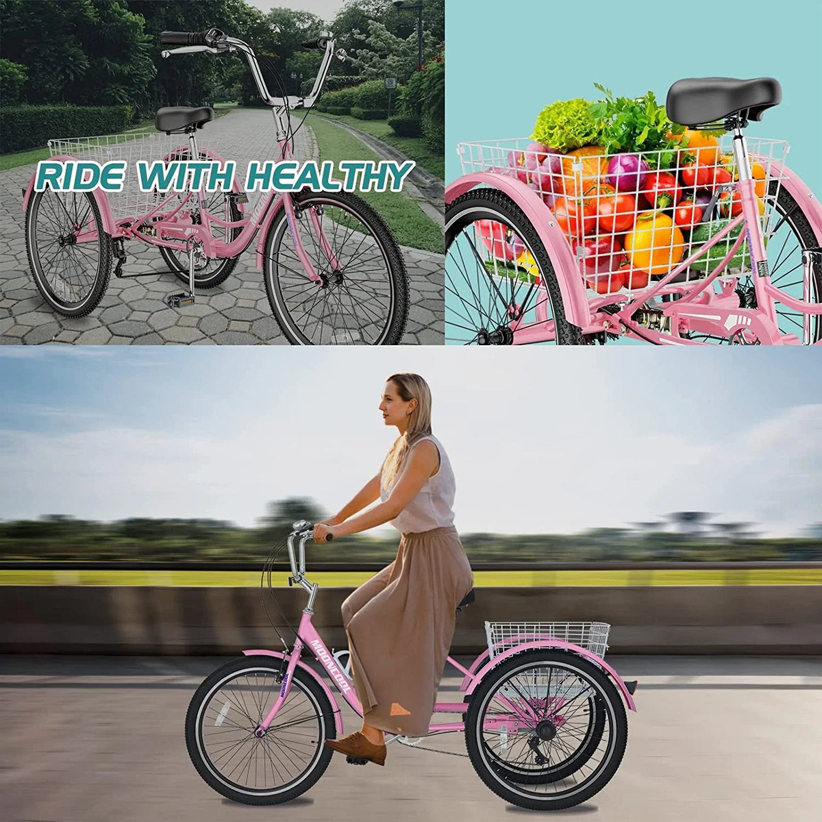 MOONCOOL Adult Tricycles with Rear Basket & Inflator, 24 26 inch 7 Speed 3 Wheel Bikes, Three-Wheeled Bicycles Adult Trike with Backrest for Seniors, Women, Men