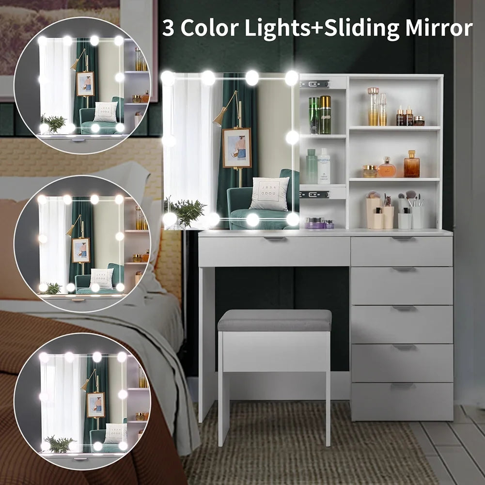 Resenkos Vanity Set with Mirror and 10LED Lights Makeup Vanity Desk Chair with 6 Drawers White