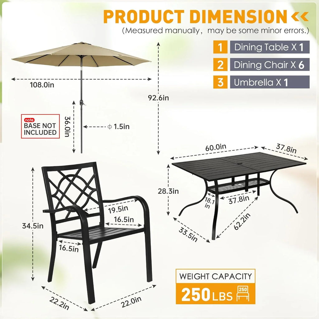 SUNCROWN 5-Piece Outdoor Wrought Iron Chairs and Table Patio Dining Furniture Set - 4 Stackable Metal Chairs, 1 Steel Slat Bistro Table and 1 Sky Blue 9Ft Patio Umbrella for Garden Backyard Deck