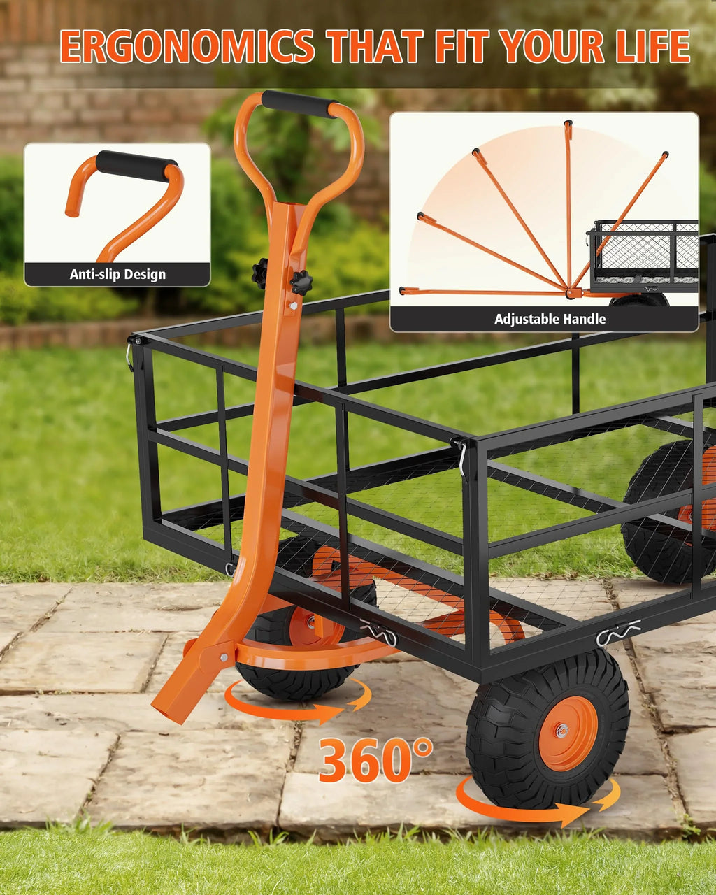 Heavy Duty Steel Garden Cart, Garden Wagon Cart on Wheels, Outdoor Metal Yard Utility Wagon Carts w/Adjustable Handle & Removable Sides(Convert to Flatbed)
