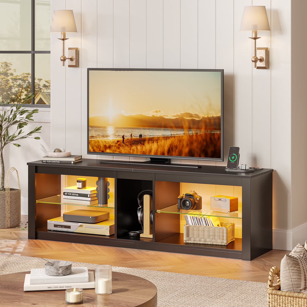Bestier Entertainment Center with LED Lights TV Stand Media Console Table for TVs up to 60" in Light Grey