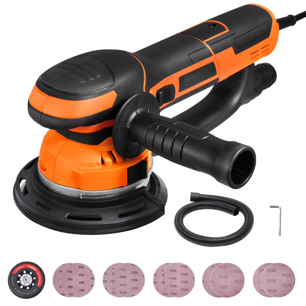 KFFKFF Eccentric Sander,Dual Function 6-Inch DA & GA Orbital Sander,850W 7400PRM with 6 Adjustable Speeds,Electric Hand Sander including 10PCS Sandpapers,Dust Attachment for Detailed Woodwork Sanding