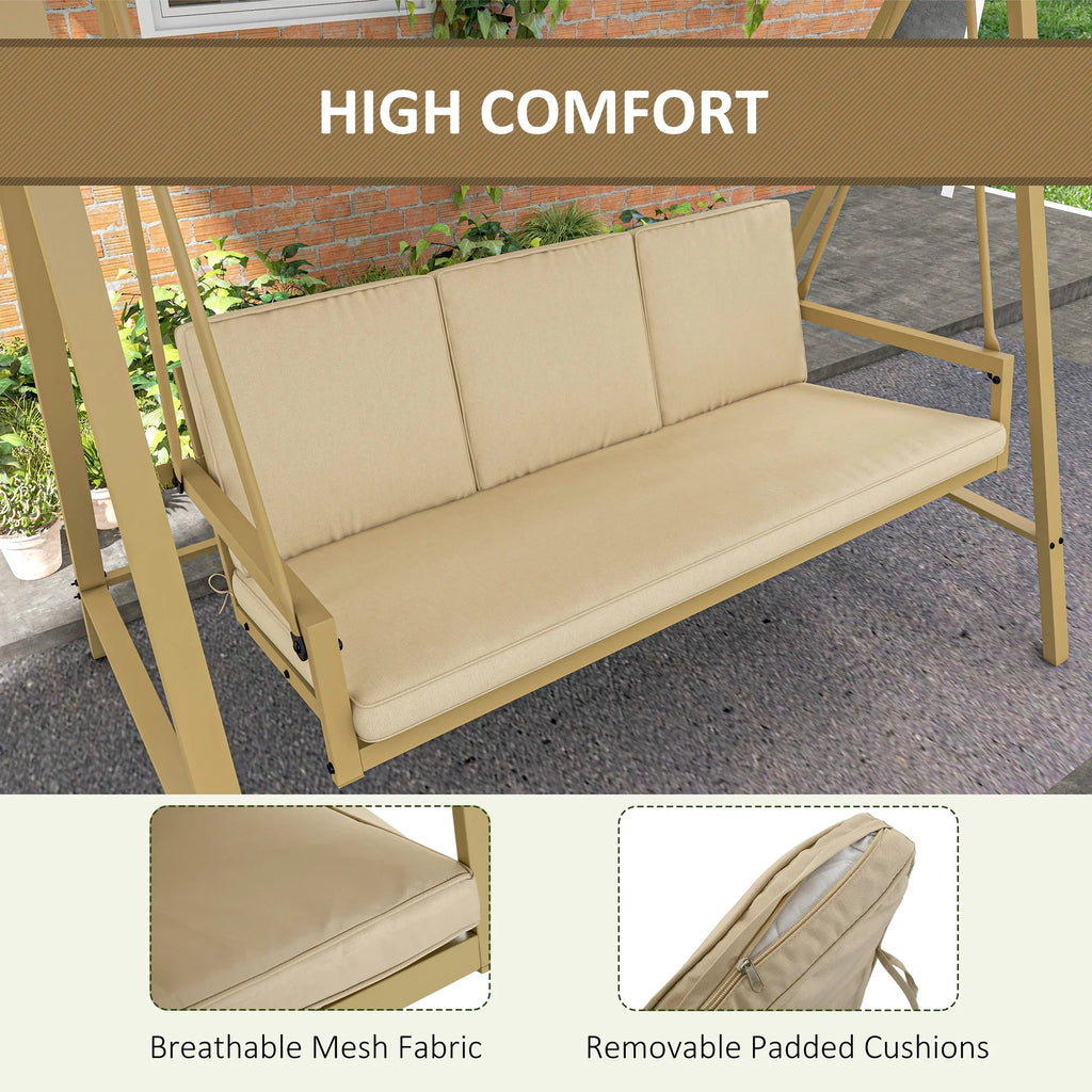 Outsunny 3-Seat Outdoor Porch Swing, Patio Swing Chair with Adjustable Canopy, Removable Cushions for Garden, Backyard, and Poolside, Beige