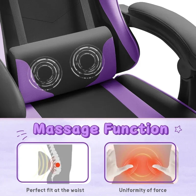 Lacoo PU Leather Gaming Chair Massage Ergonomic Gamer Chair Height Adjustable Computer Chair with Footrest & Lumbar Support, White