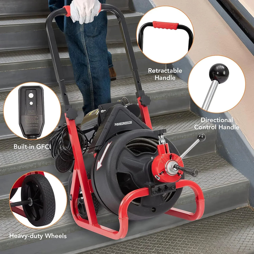 75Ft x 1/2 Inch Drain Cleaner Machine, Auto-feed Electric Drain Auger Professional for 2 to 4 Inch Pipes, with 6 Cutters, Glove, Drain Auger Cleaner Sewer Snake