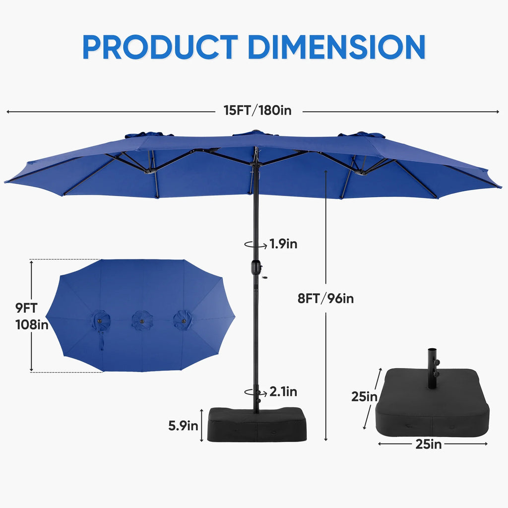 edx 15ft Patio Umbrellas (Base Included), Large Outdoor Double-Sided Rectangle Market Umbrella with Stand for Poolside, Lawn, and Backyard, Navy Blue