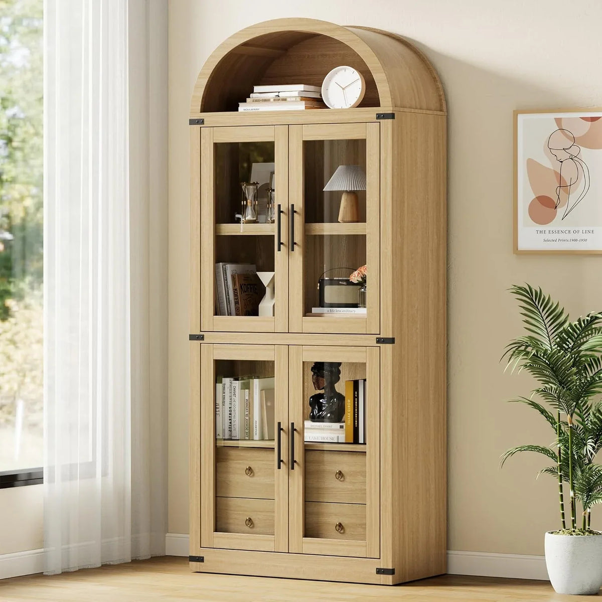 Arched Kitchen Pantry Storage Cabinet with 2 Drawers, 71-Inch Tall Farmhouse Wood Bookcase with 4 Doors for Kitchen Dining Room Bathroom